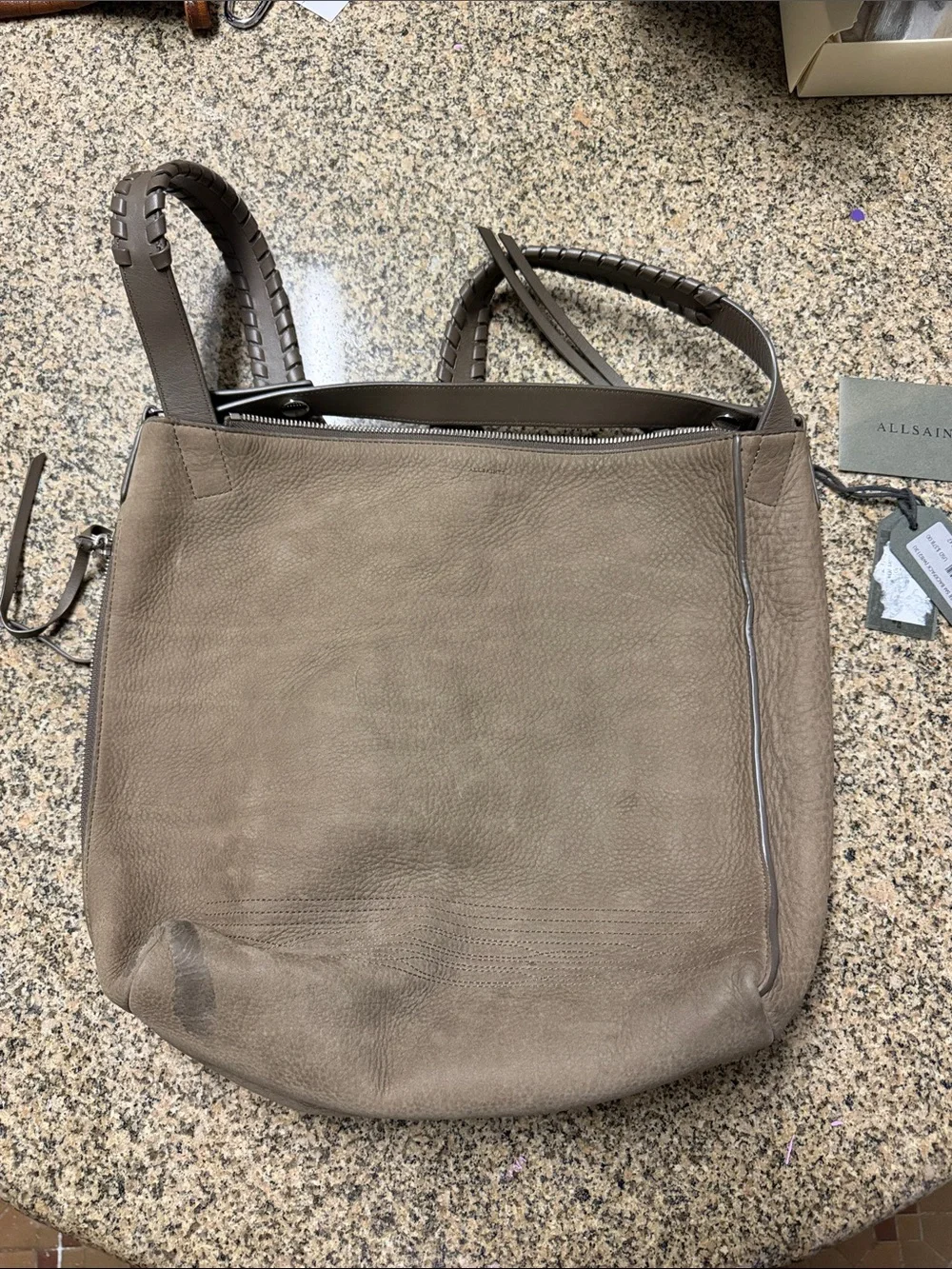All Saints Taupe Braided-Handle Leather Back Pack Bag with optional top handle